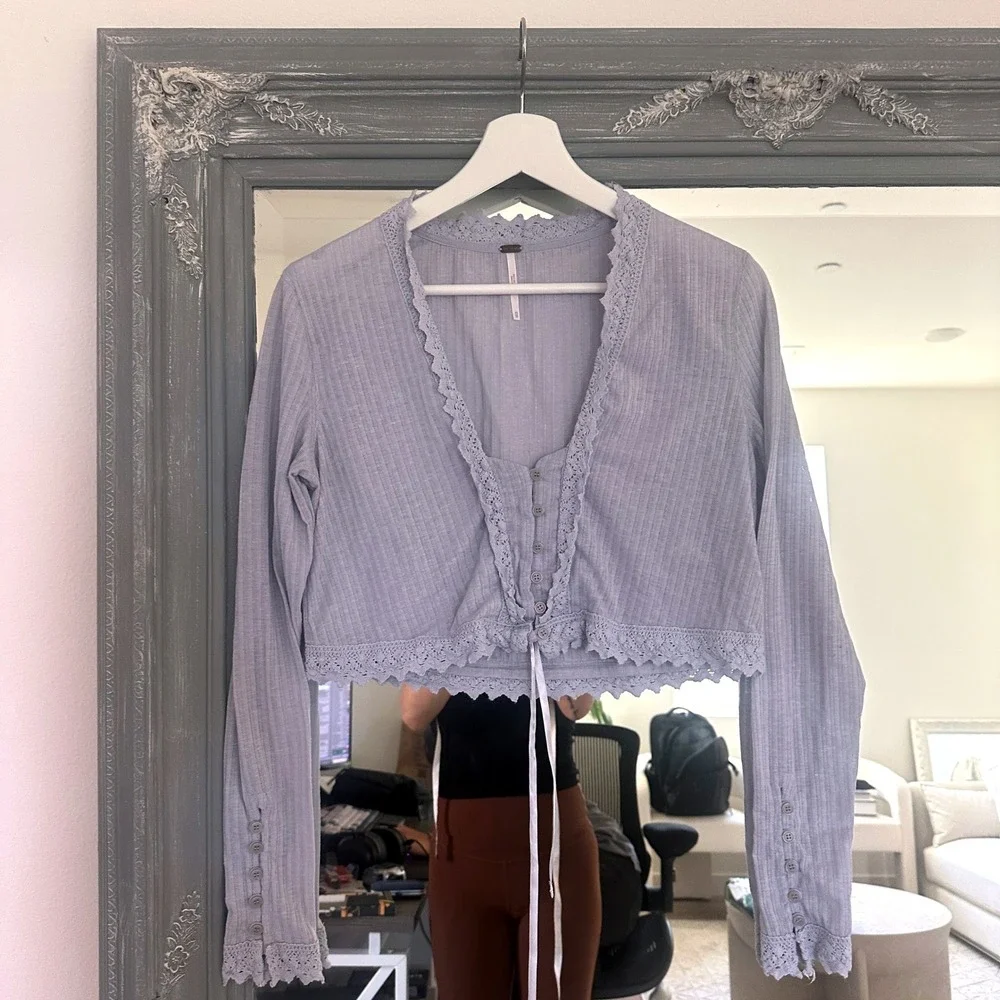 Free People Third Date Long Sleeve Crop Top Lilac Lace Cardigan Cottagecore XS